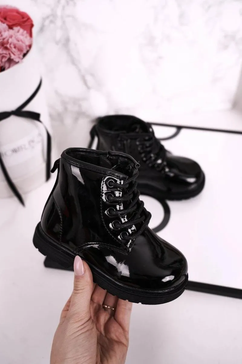 Outlet Dziecięce Botki Ocieplane Glany Lakierowane Czarne Ammy Dzieci Chłopięce|Dziewczęce