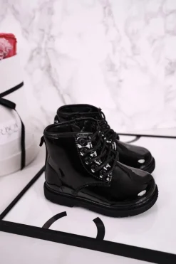 Outlet Dziecięce Botki Ocieplane Glany Lakierowane Czarne Ammy Dzieci Chłopięce|Dziewczęce