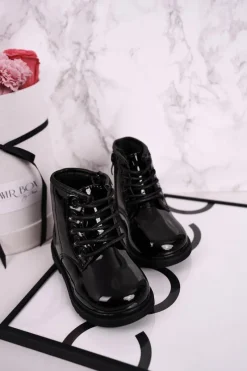 Outlet Dziecięce Botki Ocieplane Glany Lakierowane Czarne Ammy Dzieci Chłopięce|Dziewczęce