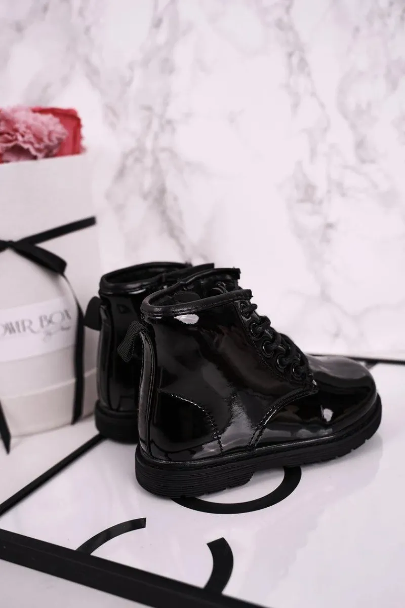 Outlet Dziecięce Botki Ocieplane Glany Lakierowane Czarne Ammy Dzieci Chłopięce|Dziewczęce