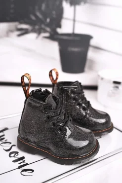 Discount Boto Dziecięce Botki Ocieplane z Suwakiem Lakierowane Brokat Czarne Mistor