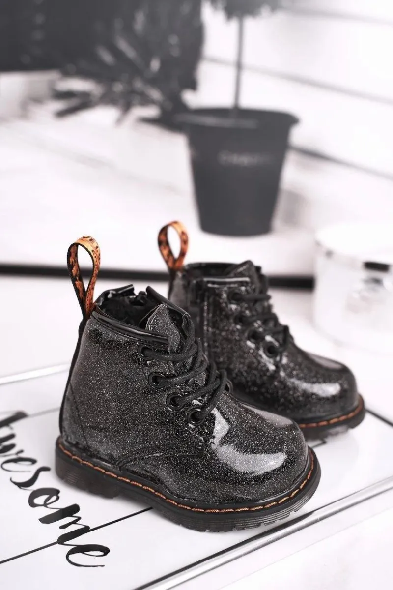 Discount Boto Dziecięce Botki Ocieplane z Suwakiem Lakierowane Brokat Czarne Mistor