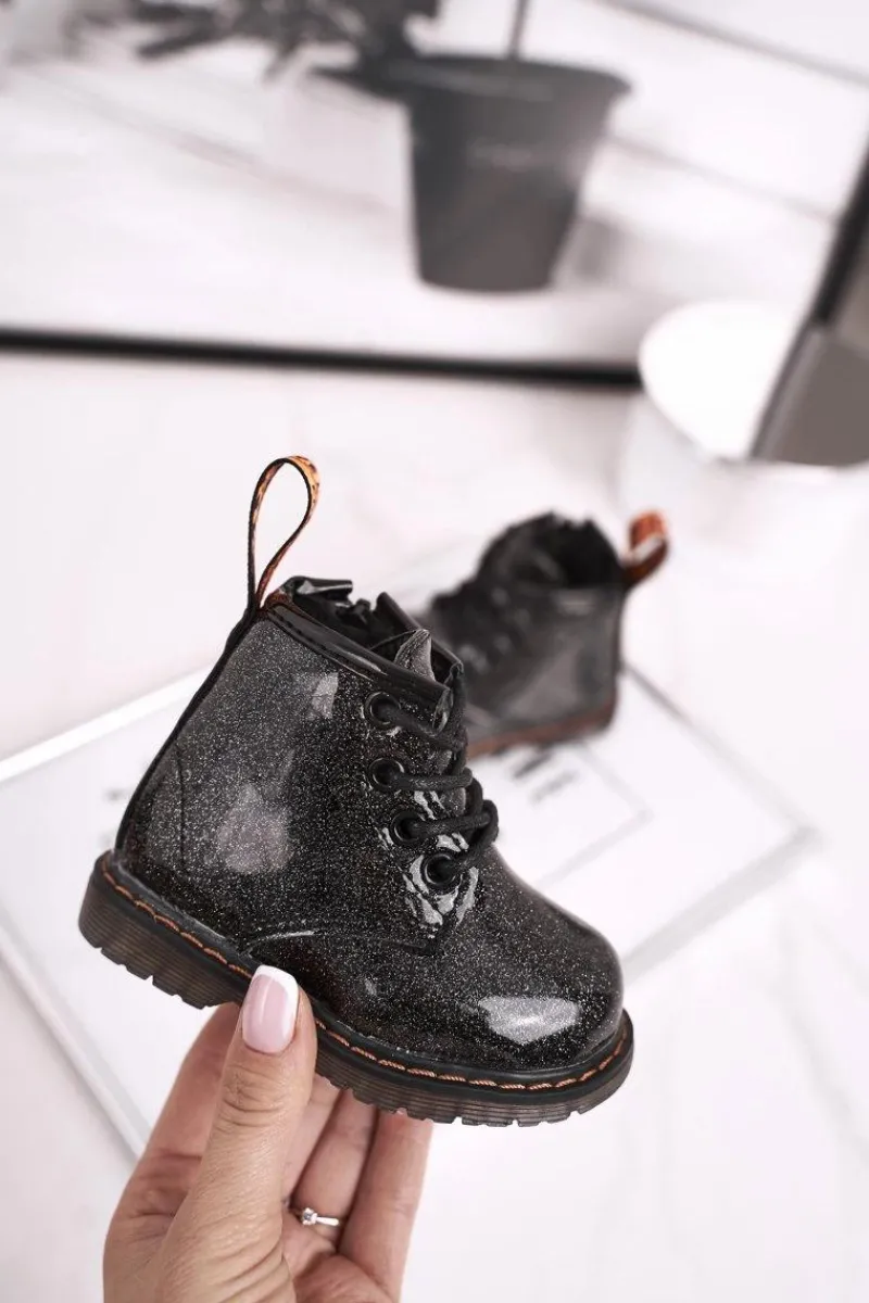 Discount Boto Dziecięce Botki Ocieplane z Suwakiem Lakierowane Brokat Czarne Mistor