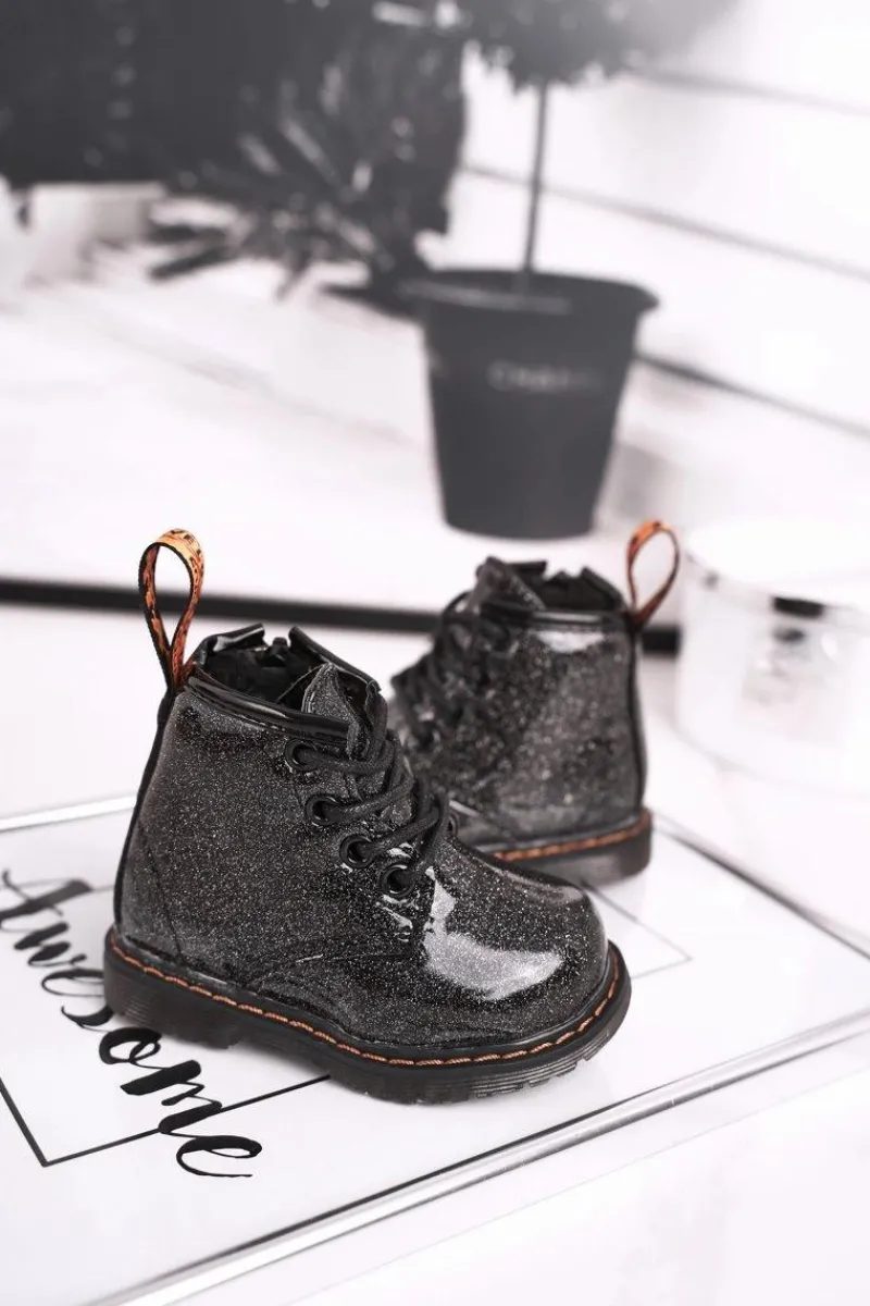 Discount Boto Dziecięce Botki Ocieplane z Suwakiem Lakierowane Brokat Czarne Mistor