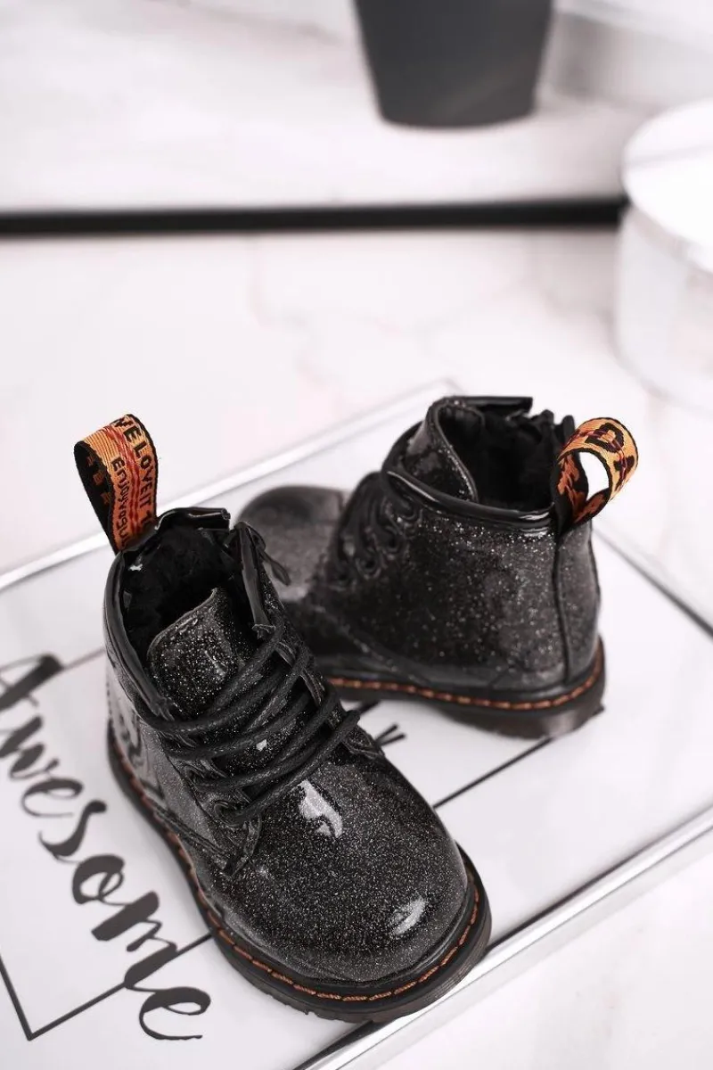 Discount Boto Dziecięce Botki Ocieplane z Suwakiem Lakierowane Brokat Czarne Mistor