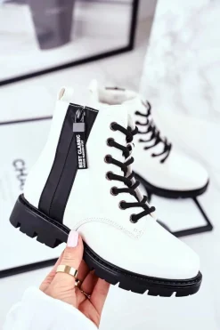 Sale Dziecięce Botki Ocieplane z Suwakiem Lakierowane Białe Falkon Dzieci Chłopięce|Dziewczęce