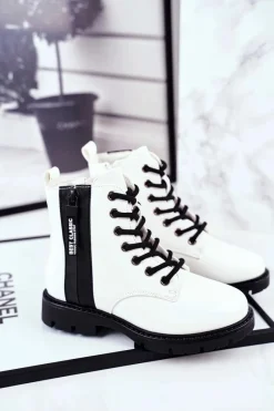 Sale Dziecięce Botki Ocieplane z Suwakiem Lakierowane Białe Falkon Dzieci Chłopięce|Dziewczęce