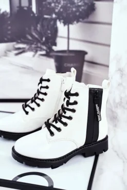 Sale Dziecięce Botki Ocieplane z Suwakiem Lakierowane Białe Falkon Dzieci Chłopięce|Dziewczęce