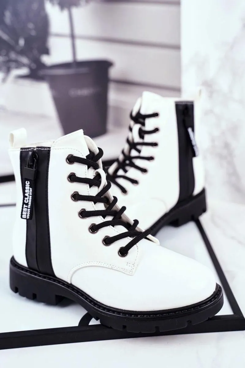 Sale Dziecięce Botki Ocieplane z Suwakiem Lakierowane Białe Falkon Dzieci Chłopięce|Dziewczęce