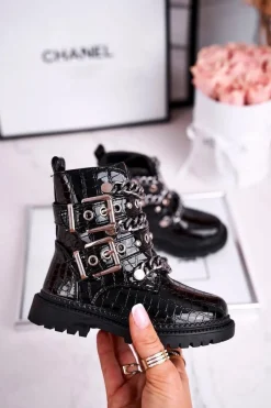 Best Dziecięce Botki Ocieplane z Klamrami Print Czarne Fun Time Dzieci Dziewczęce