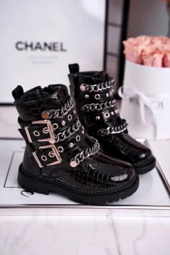 Best Dziecięce Botki Ocieplane z Klamrami Print Czarne Fun Time Dzieci Dziewczęce