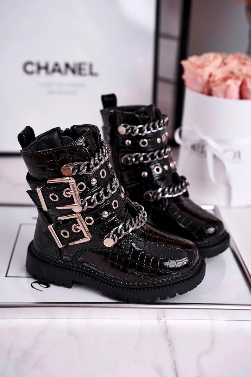 Best Dziecięce Botki Ocieplane z Klamrami Print Czarne Fun Time Dzieci Dziewczęce