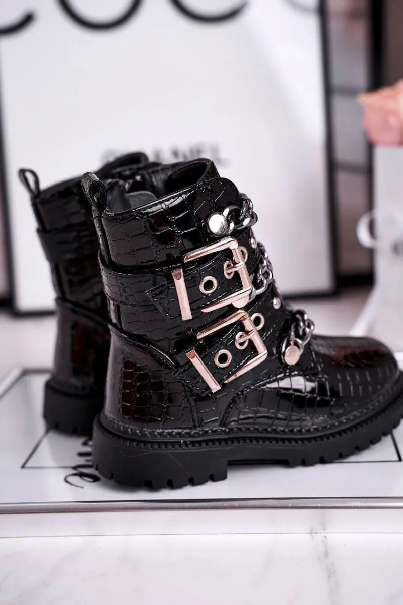 Best Dziecięce Botki Ocieplane z Klamrami Print Czarne Fun Time Dzieci Dziewczęce