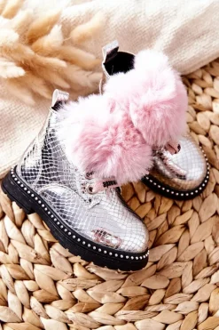 Dziewczęce>Boto Dziecięce Botki Ocieplane Z Futerkiem Srebrne Rosea