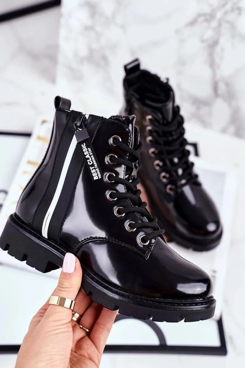 Hot Buty damskie Vinceza Dziecięce Botki Ocieplane z Suwakiem Lakierowane Czarne Falkon