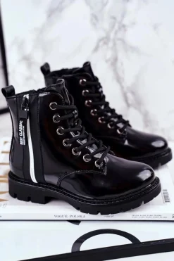 Hot Buty damskie Vinceza Dziecięce Botki Ocieplane z Suwakiem Lakierowane Czarne Falkon