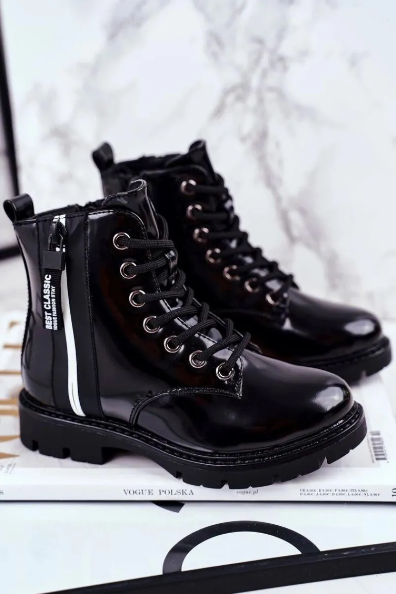 Hot Buty damskie Vinceza Dziecięce Botki Ocieplane z Suwakiem Lakierowane Czarne Falkon