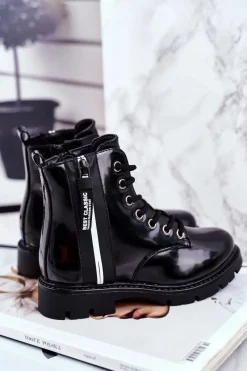 Hot Buty damskie Vinceza Dziecięce Botki Ocieplane z Suwakiem Lakierowane Czarne Falkon