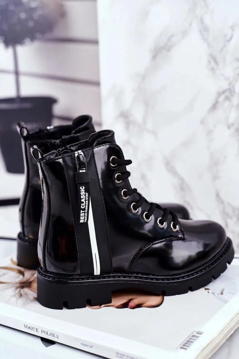 Hot Buty damskie Vinceza Dziecięce Botki Ocieplane z Suwakiem Lakierowane Czarne Falkon