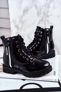 Hot Buty damskie Vinceza Dziecięce Botki Ocieplane z Suwakiem Lakierowane Czarne Falkon