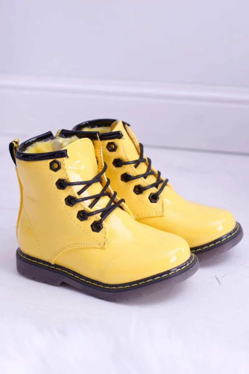 Outlet Boto Dziecięce Botki Ocieplane Futerkiem Trapery Lakierowane Żółte Debi