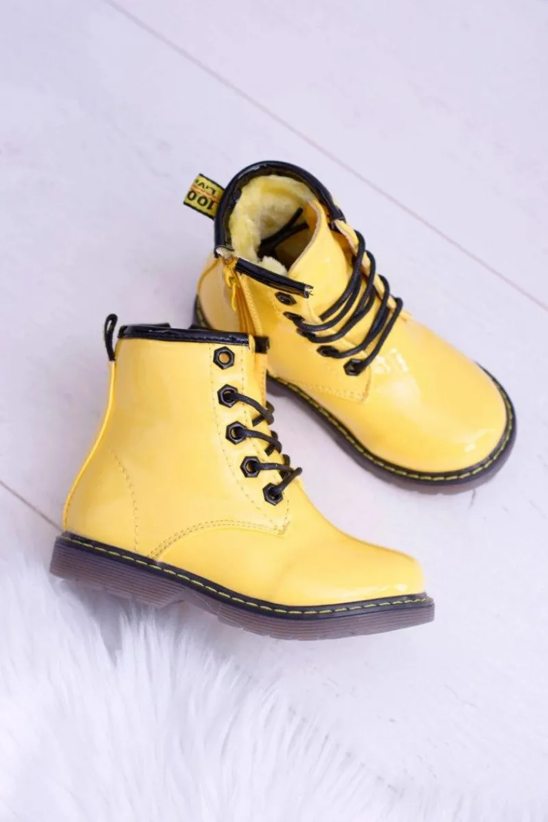 Outlet Boto Dziecięce Botki Ocieplane Futerkiem Trapery Lakierowane Żółte Debi