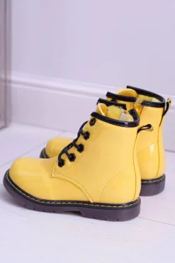 Outlet Boto Dziecięce Botki Ocieplane Futerkiem Trapery Lakierowane Żółte Debi