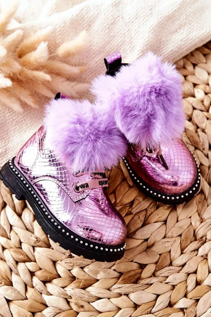 Dziewczęce>Boto Dziecięce Botki Ocieplane Z Futerkiem Fioletowe Rosea