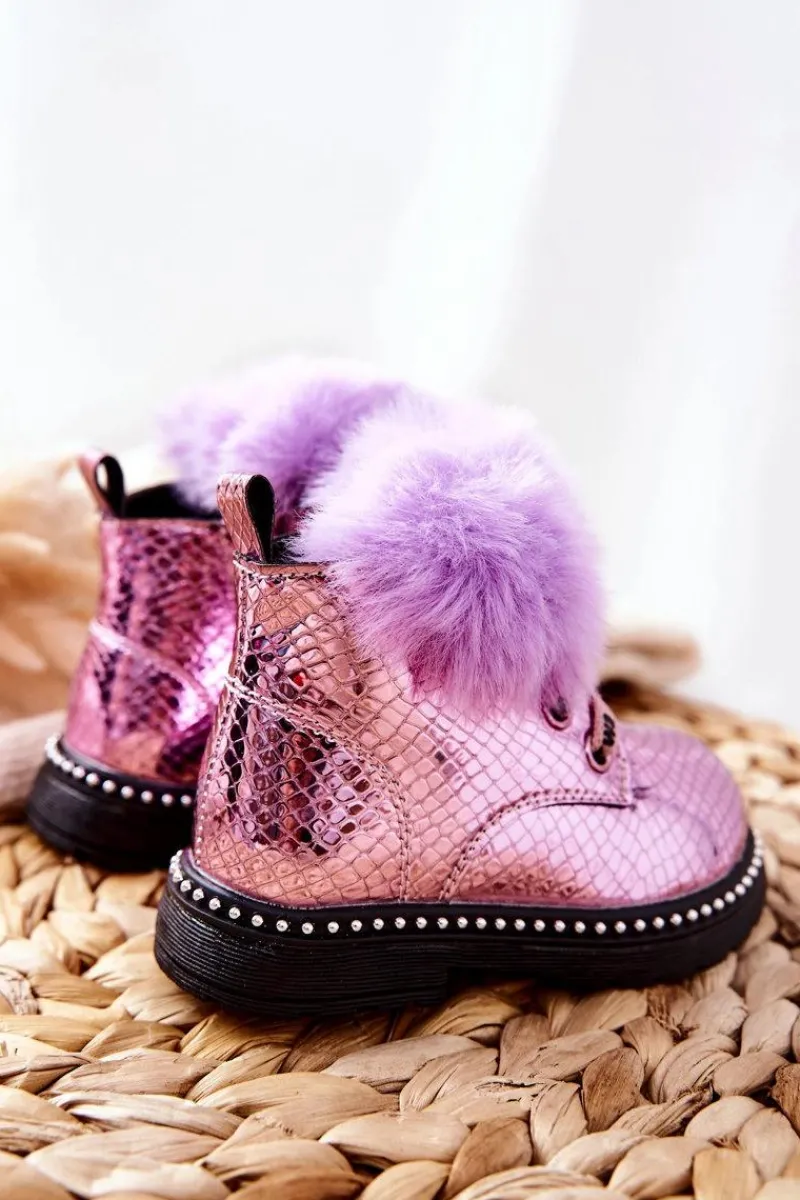 Dziewczęce>Boto Dziecięce Botki Ocieplane Z Futerkiem Fioletowe Rosea