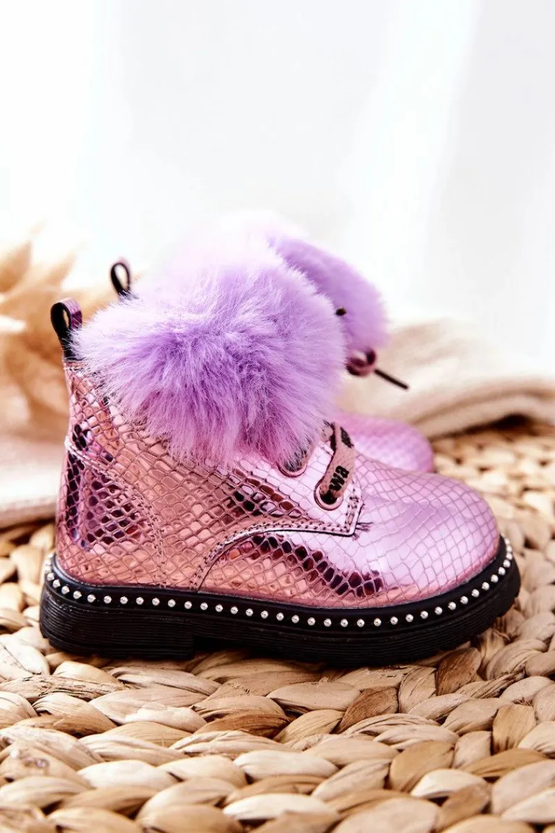 Dziewczęce>Boto Dziecięce Botki Ocieplane Z Futerkiem Fioletowe Rosea