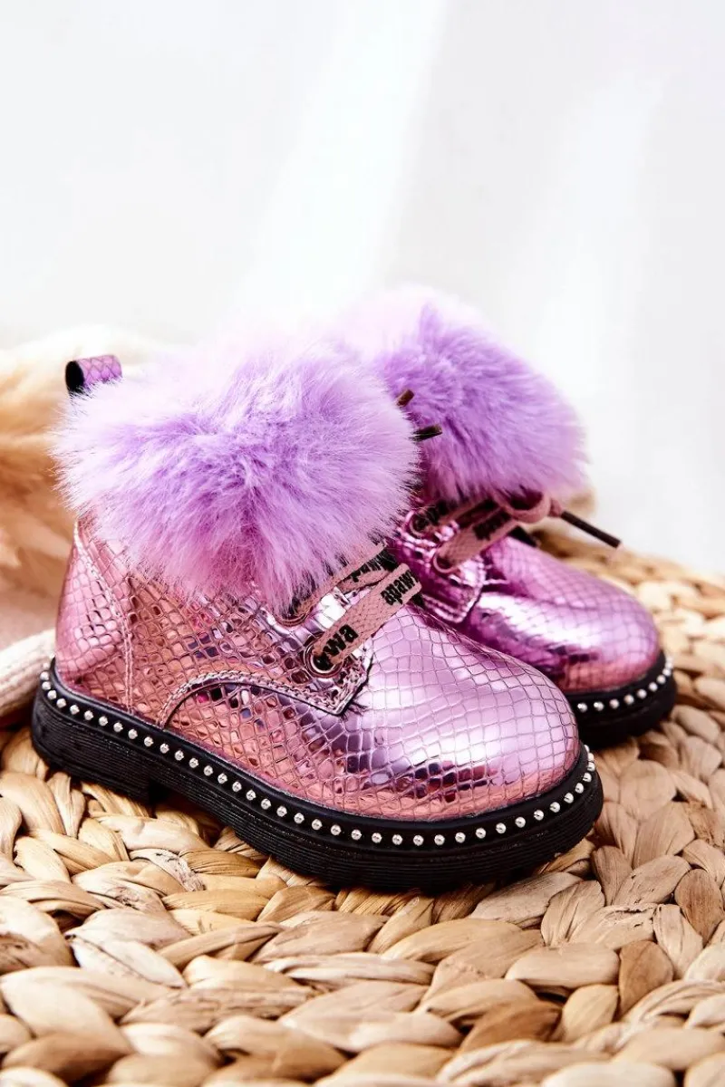 Dziewczęce>Boto Dziecięce Botki Ocieplane Z Futerkiem Fioletowe Rosea