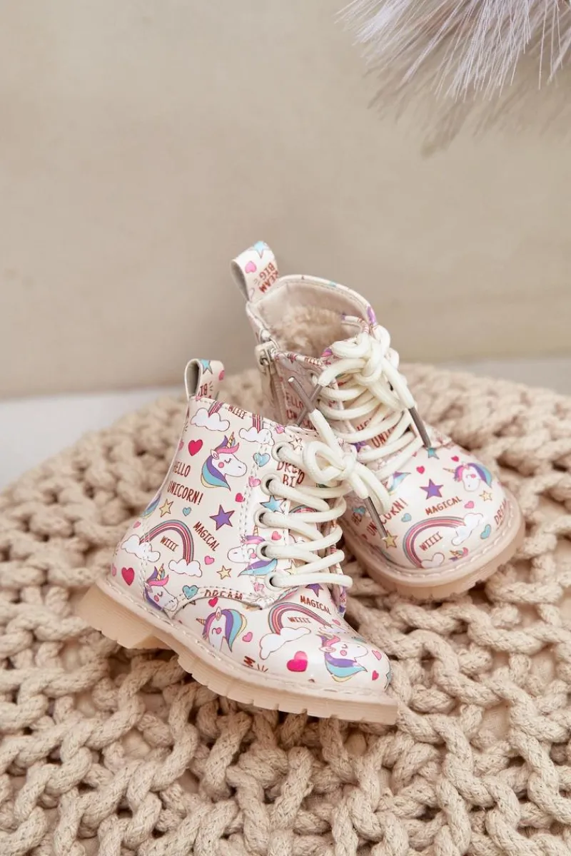Outlet Boto Dziecięce Botki Ocieplane Z Suwakiem Jednorożce Beżowe Tiptop Beżowy