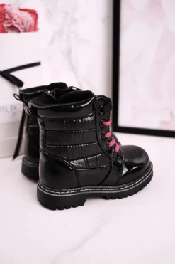 Sale Dziecięce Botki Ocieplone Futerkiem Z Pikowaniem Czarne Pinkie Dzieci Dziewczęce