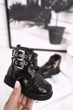 Boto Dziecięce Botki Ocieplone Futerkiem Lakierowane Czarne Valentina