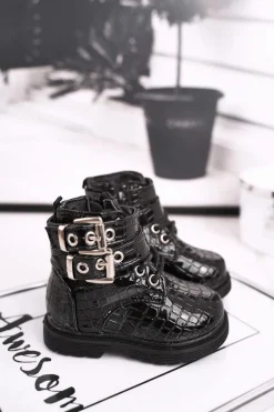 Boto Dziecięce Botki Ocieplone Futerkiem Lakierowane Czarne Valentina