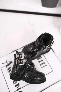 Boto Dziecięce Botki Ocieplone Futerkiem Lakierowane Czarne Valentina