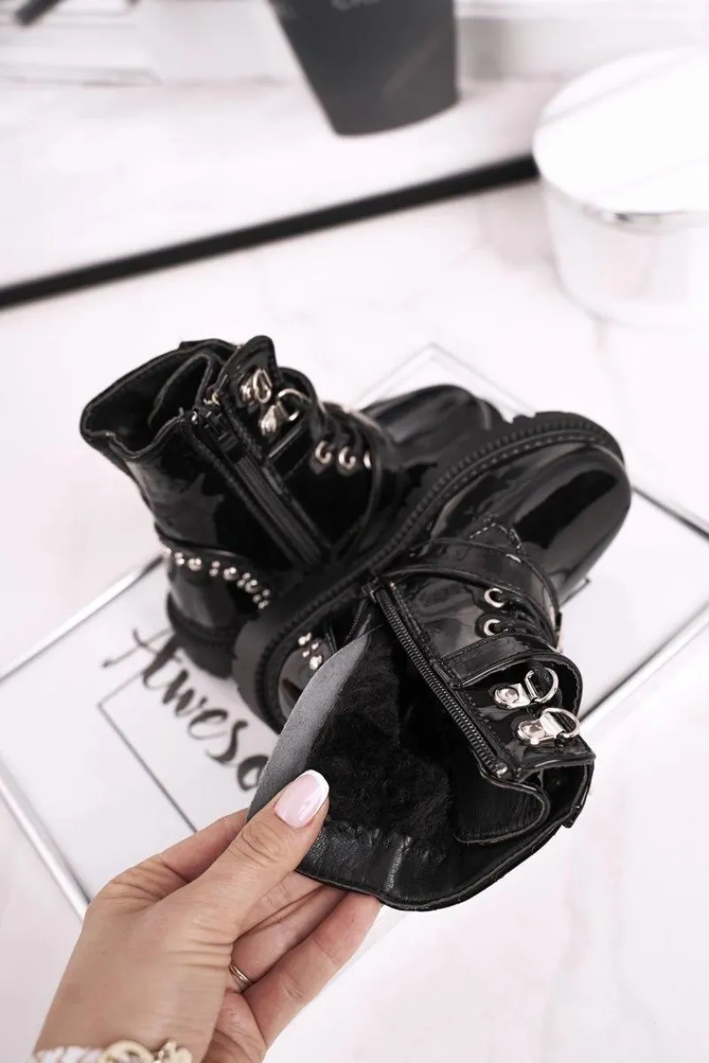 Online Dziecięce Botki Ocieplone Futerkiem Lakierowane Czarne Dolly Dzieci Dziewczęce