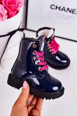 Dziecięce Botki Ocieplone Futerkiem Lakierowane Granatowe Pinkie Dzieci Dziewczęce