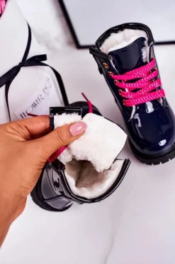 Dziecięce Botki Ocieplone Futerkiem Lakierowane Granatowe Pinkie Dzieci Dziewczęce