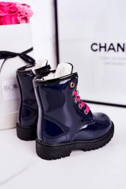 Dziecięce Botki Ocieplone Futerkiem Lakierowane Granatowe Pinkie Dzieci Dziewczęce