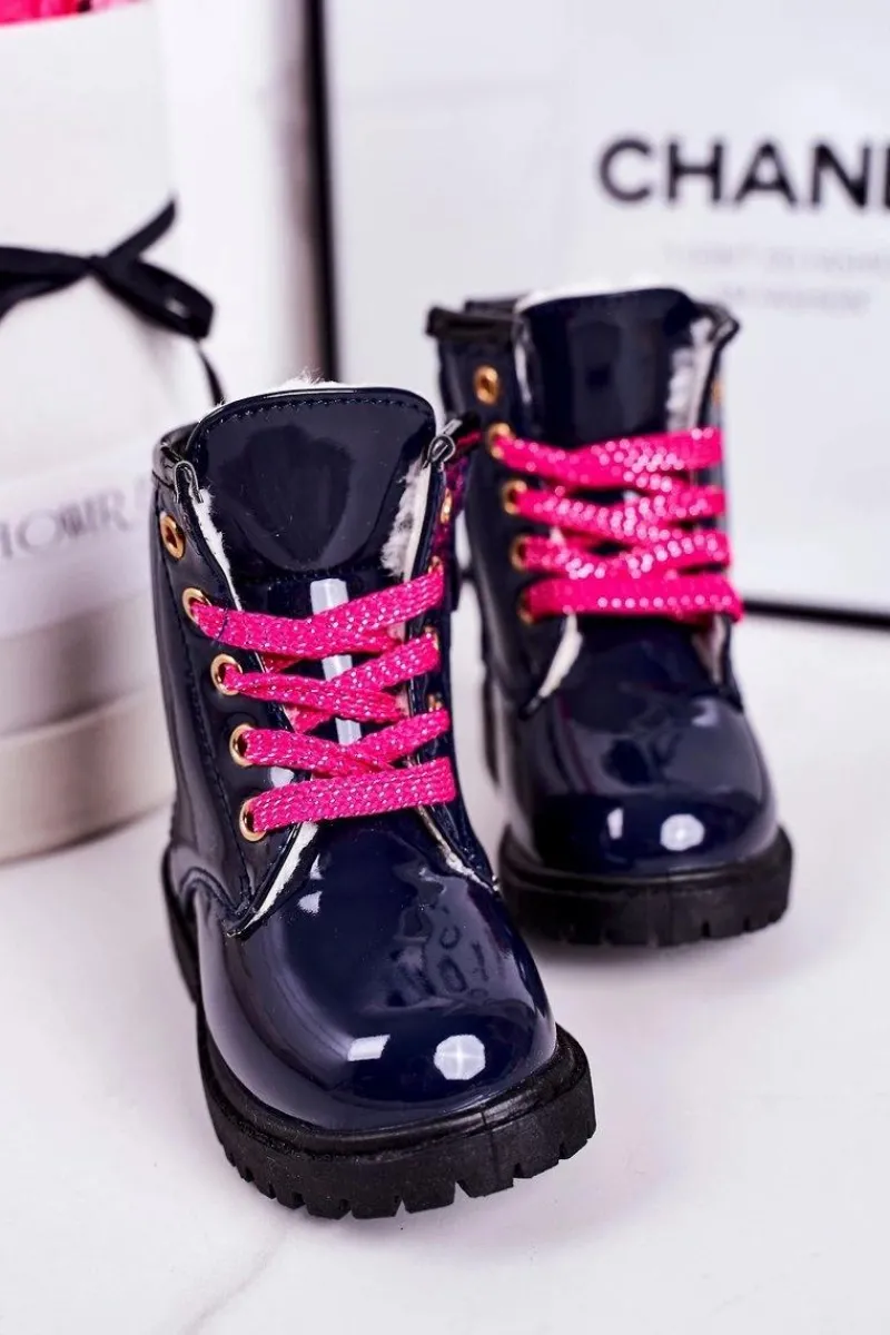 Dziecięce Botki Ocieplone Futerkiem Lakierowane Granatowe Pinkie Dzieci Dziewczęce