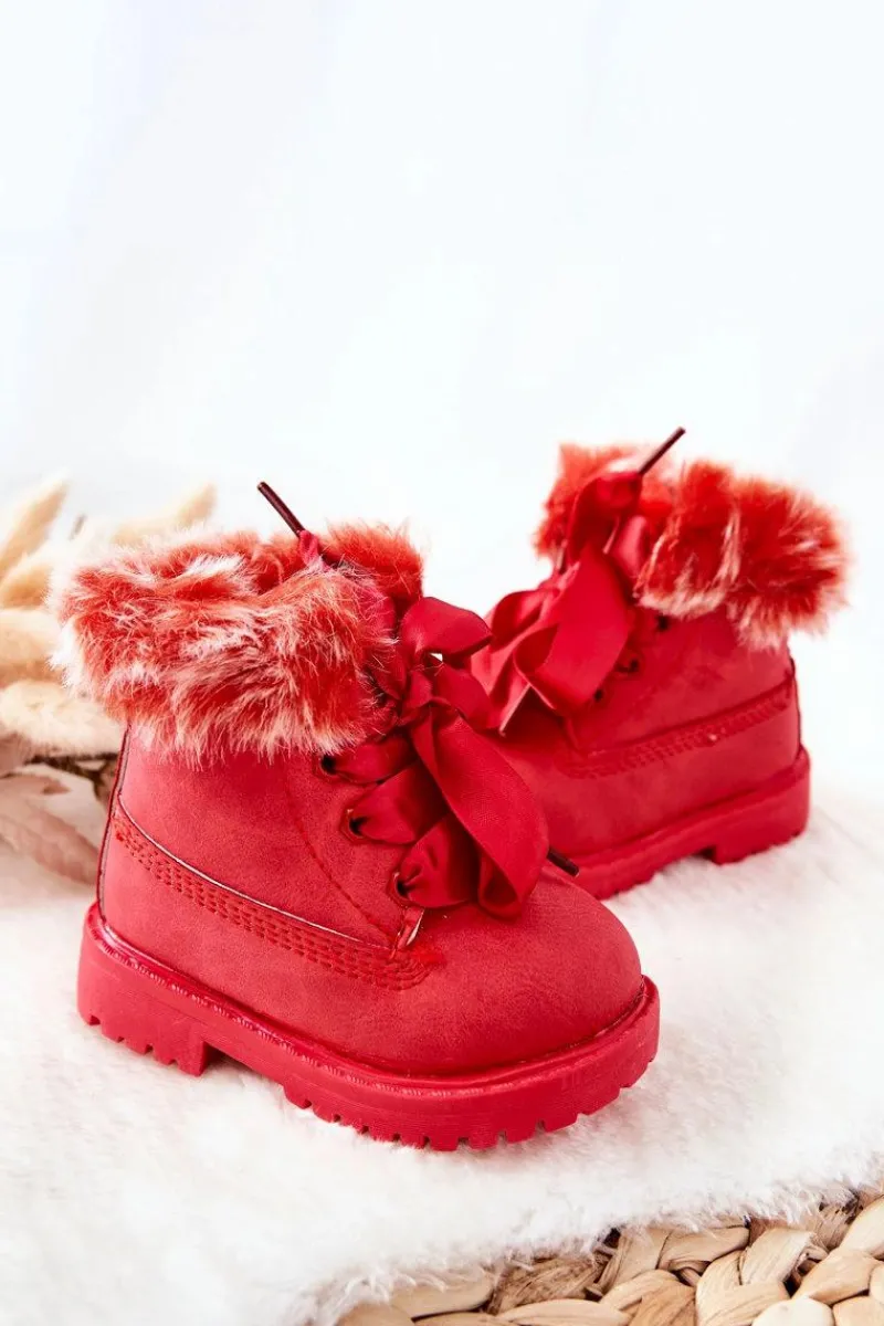 Outlet Dziecięce Botki Traperki Ocieplone Futerkiem Czerwone Tesoro Dzieci Chłopięce