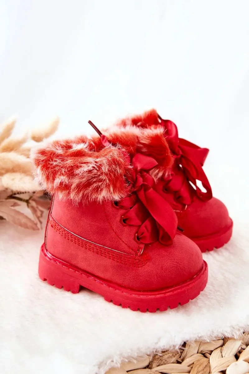 Outlet Dziecięce Botki Traperki Ocieplone Futerkiem Czerwone Tesoro Dzieci Chłopięce