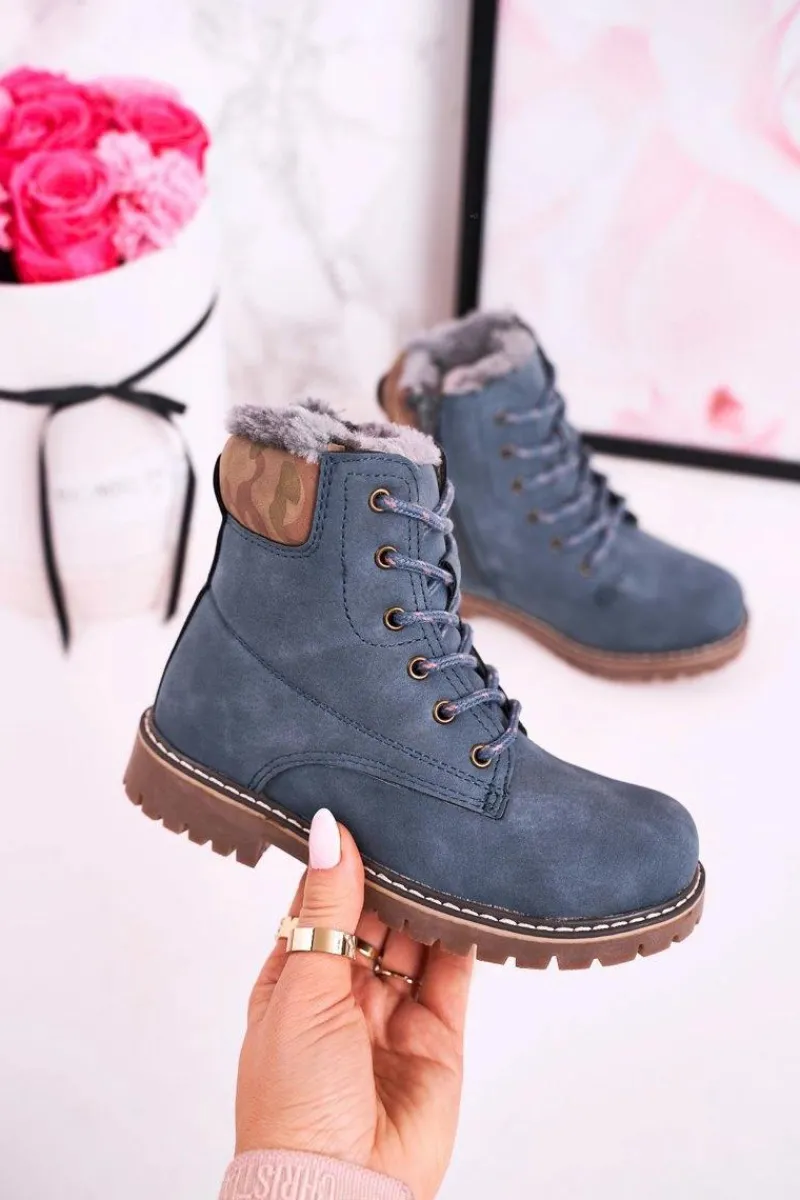 Discount Dziecięce Botki Traperki Ocieplone Futerkiem Niebieskie London Dzieci Chłopięce|Dziewczęce