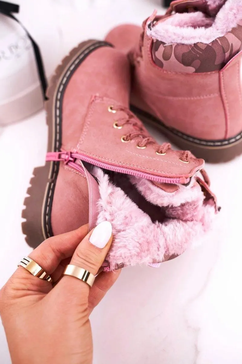 Hot Boto Dziecięce Botki Traperki Ocieplone Futerkiem Różowe London