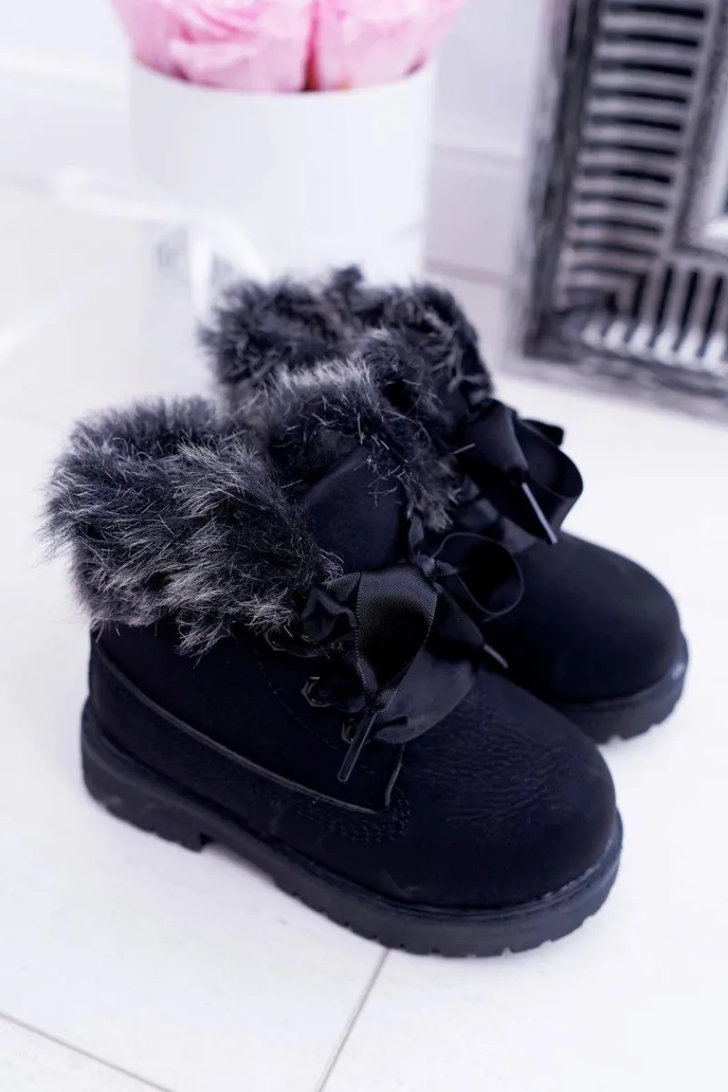 Outlet Boto Dziecięce Botki Traperki Ocieplone Futerkiem Czarne Tesoro