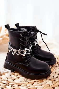 Dziewczęce>Boto Dziecięce Botki Z Łańcuchem Czarne Moci