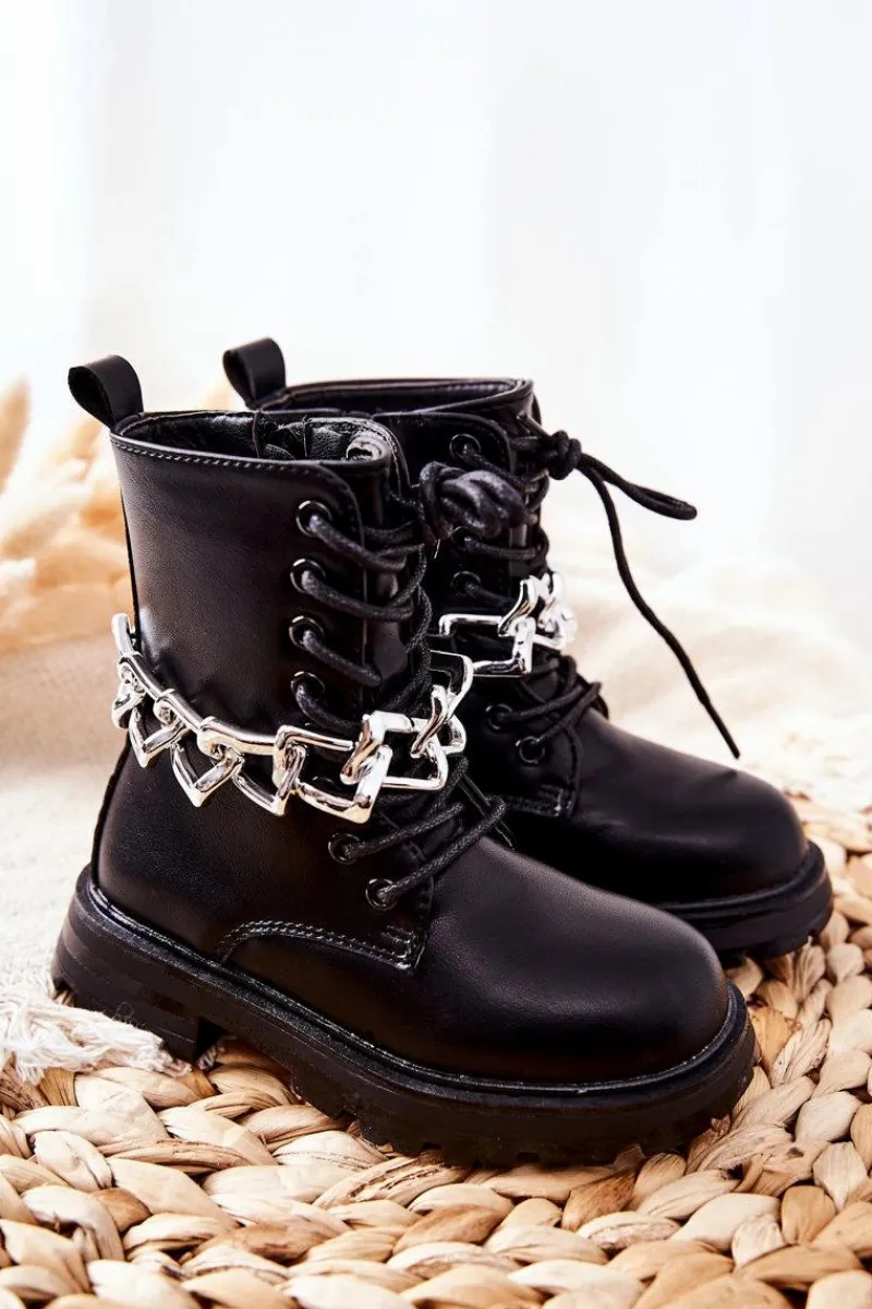 Dziewczęce>Boto Dziecięce Botki Z Łańcuchem Czarne Moci