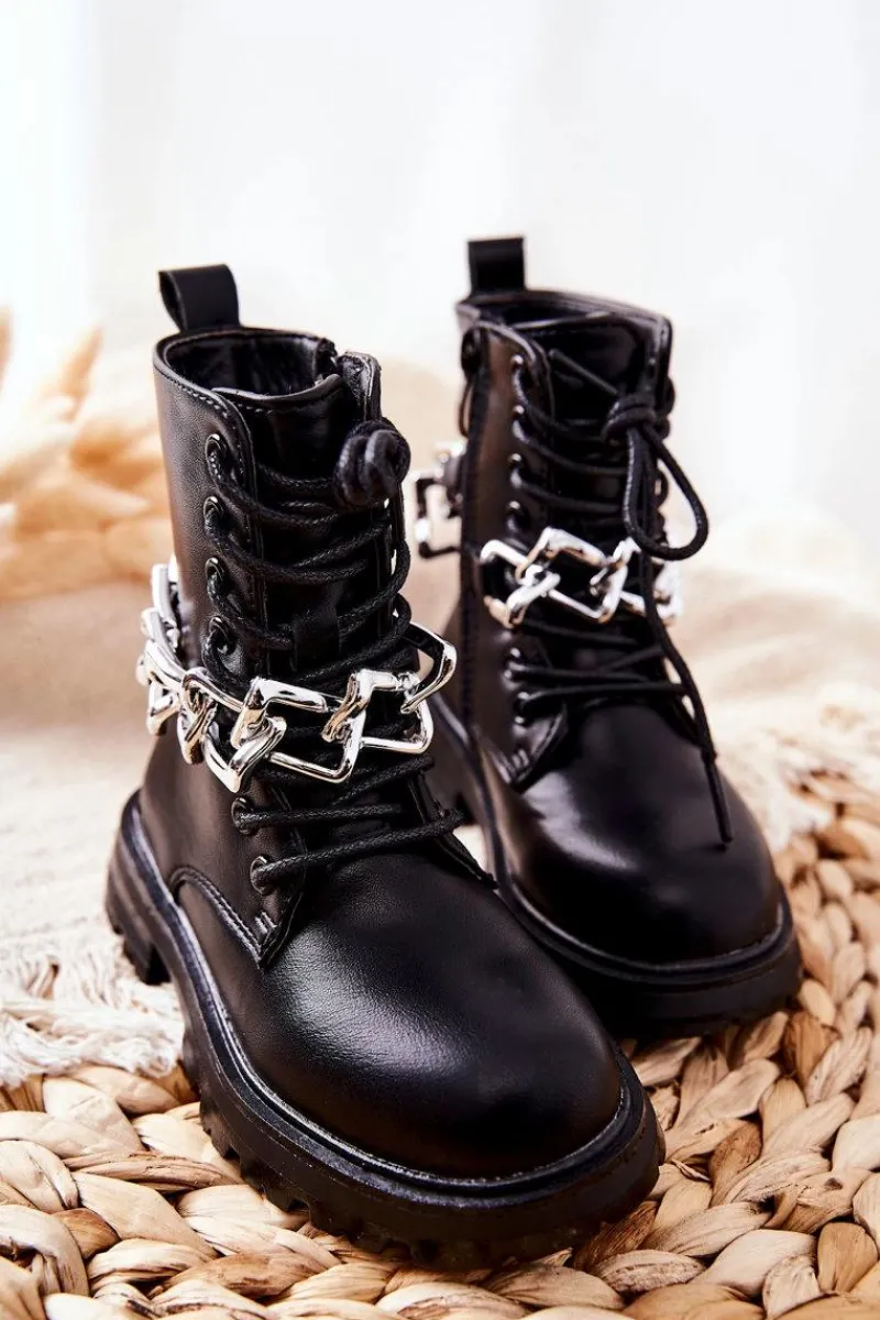 Dziewczęce>Boto Dziecięce Botki Z Łańcuchem Czarne Moci