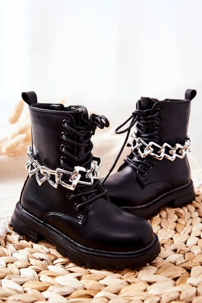 Dziewczęce>Boto Dziecięce Botki Z Łańcuchem Czarne Moci